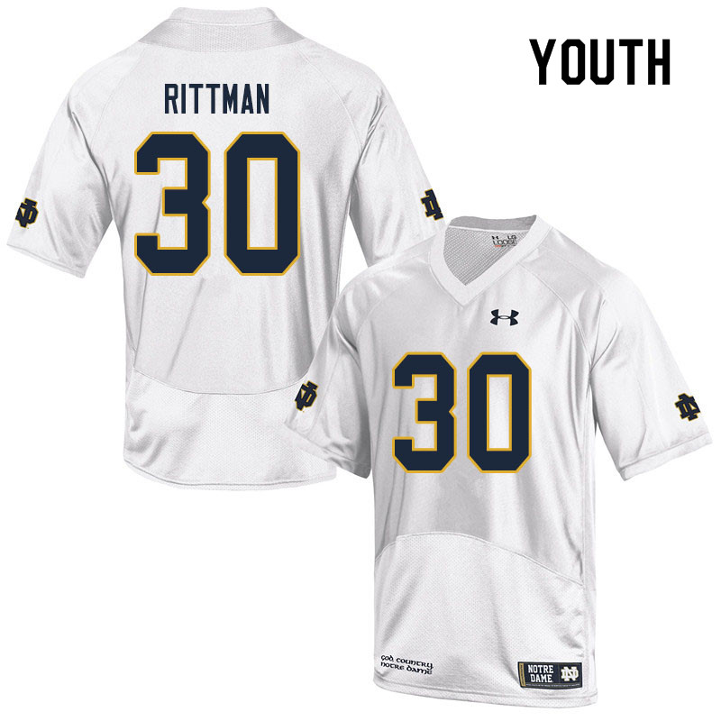 Youth NCAA Notre Dame Fighting Irish #30 Jake Rittman Stitched College Under Armour Authentic White Football Jersey IY10U20VM